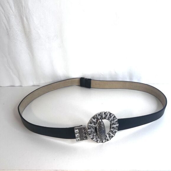 Chicos Statement Hammered Metal Buckle Belt Adjustable Black S/M Boho Western - Picture 1 of 7